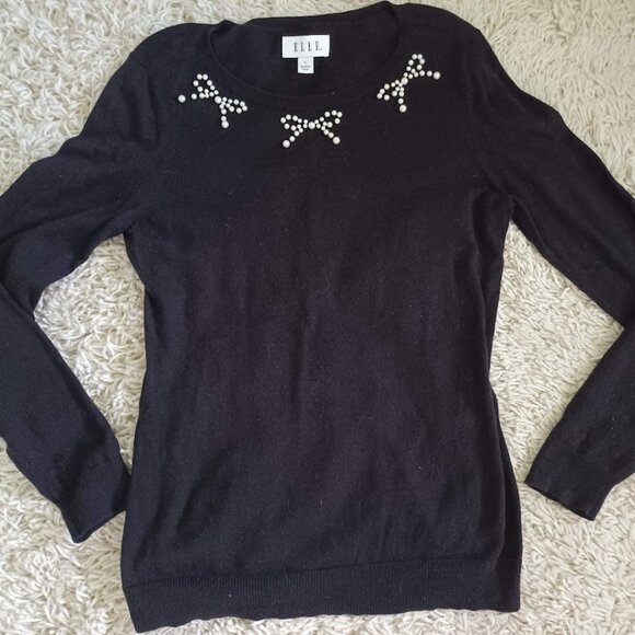 ELLE Black Knit Sweater Women’s Small Pearl Bow Embellished Crewneck Pullover - Picture 1 of 5